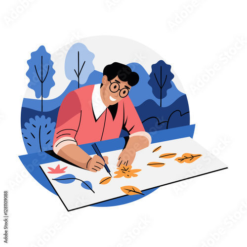 A flat illustration of a character making leaf artwork 