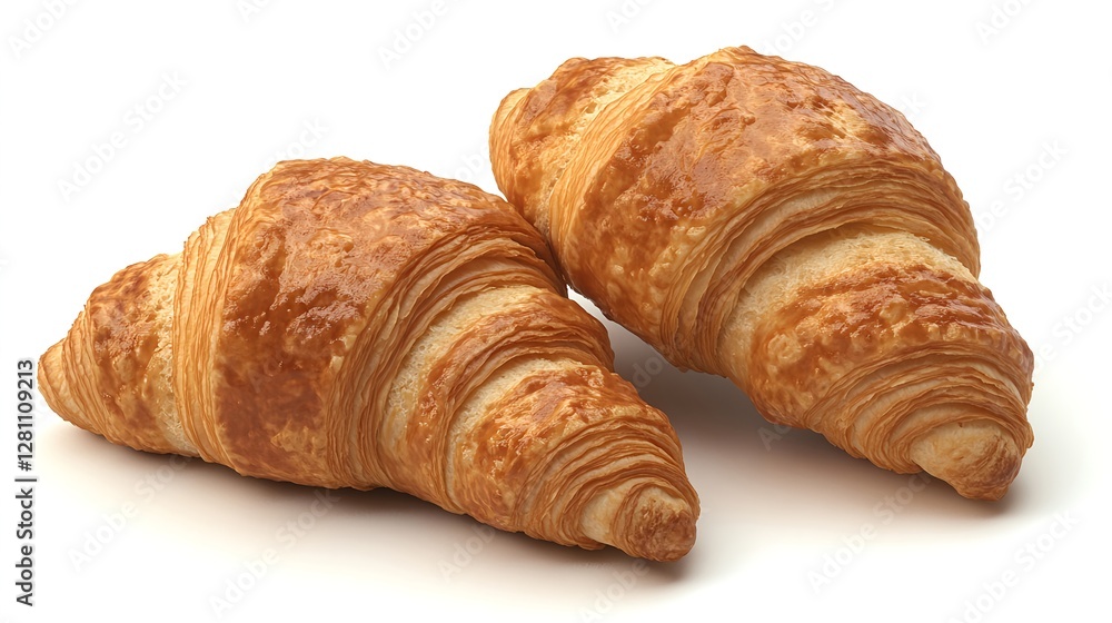 Two Croissants in Photorealistic Style on White Background Two Croissants in Photorealistic Style on White Background