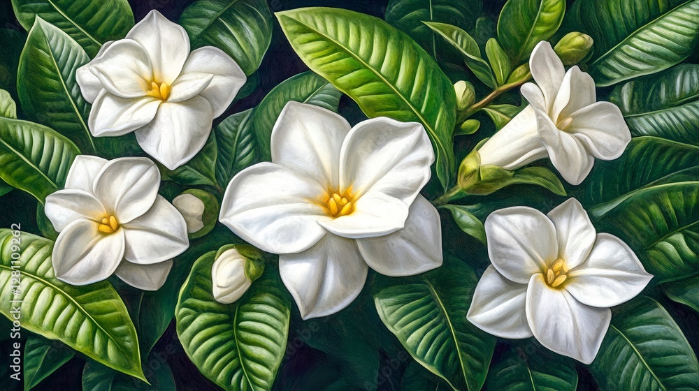 Fototapeta premium Photorealistic Painting of White Gardenias with Green Leaves in Bloom