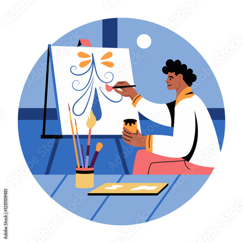 A flat illustration of a character making easel painting 