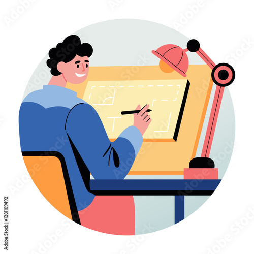 A flat illustration of a character Blueprinting a design with pencil 