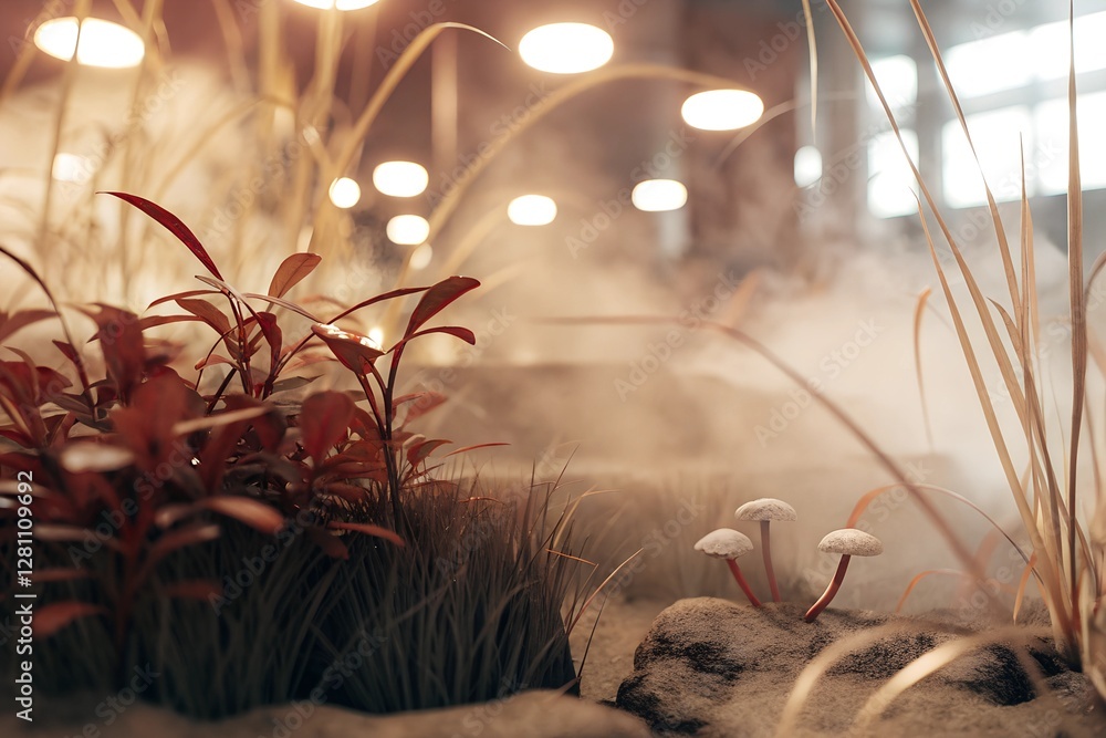 A surreal misty scene with red foliage, white mushrooms, and soft diffused light, creating a magical atmosphere