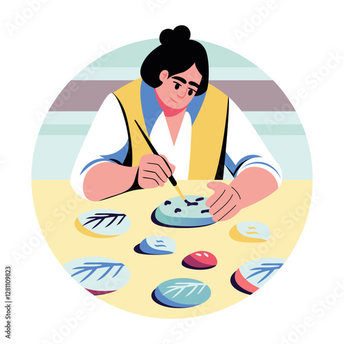 A flat illustration of a character making stone painting 