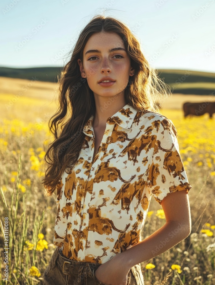 A young woman in a flowery blouse posing against the backdrop of a field full of yellow flowers. A young woman in a flowery blouse posing against the backdrop of a field full of yellow flowers.