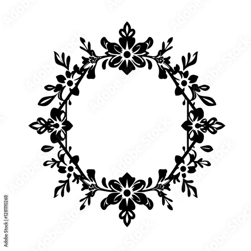 Floral Monochrome Frame: A symmetric, intricate black and white artwork of a flower ring, on a pure white backdrop, offering a sense of calm and elegance.