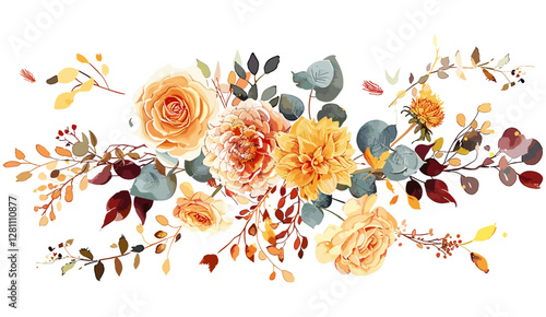 Vector illustration Autumn bouquet, fall watercolor yellow, orange, pink rose flower, cream dahlia, carnation, eucalyptus leaves, branches, editable illustration, wedding invite, thanksgiving