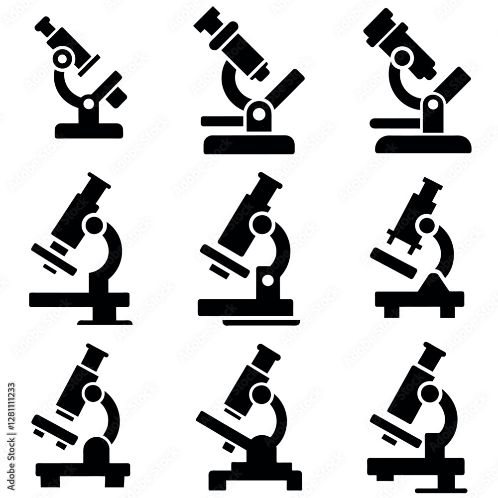 Fototapeta premium A set of microscope vector silhouette, isolated white background