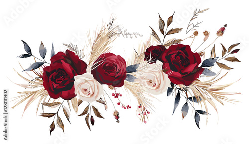Bohemian wedding invitation design with red roses, pampas grass, watercolor flowers, editable vector, greeting card, party decorations, floral elements, elegant bouquet, nature-inspired decor.