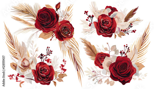 Bohemian style vector illustration, watercolor floral bouquet, pampas grass, red garden roses, elegant flowers, dry palm leaves, wedding invite, greeting, Christmas party decoration set