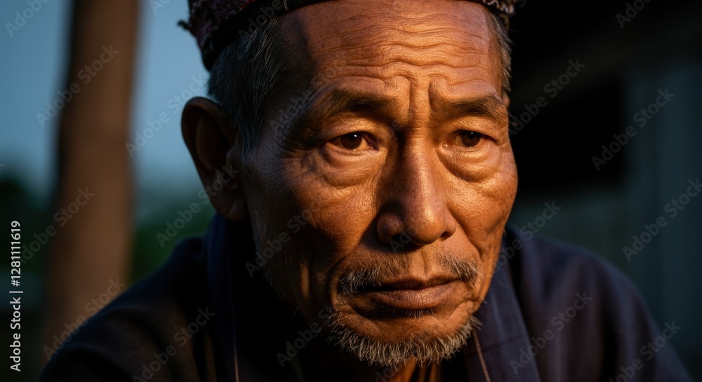 Elderly asian male with thoughtful expression in warm lighting Elderly asian male with thoughtful expression in warm lighting