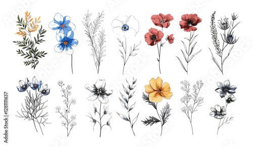 Luxury botanical illustration, vintage floral set, detailed flowers and brunch, wedding invitation, save the date card, botanical collection, floral wallpaper art, elegant wedding design.