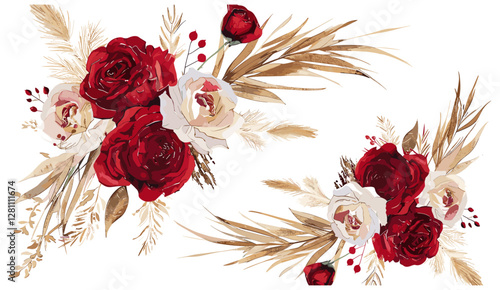 Wedding invite vector illustration, Bohemian style, watercolor floral bouquet, red roses, pampas grass, dry palm leaves, elegant flowers, Christmas party decoration element set