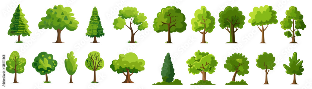 Vector illustration of cartoon trees set isolated on white background, simple modern style, cute green plants, forest, flat style, nature, healthy lifestyle, eco-friendly, outdoor scenes
