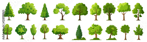 Vector illustration of cartoon trees set isolated on white background, simple modern style, cute green plants, forest, flat style, nature, healthy lifestyle, eco-friendly, outdoor scenes
