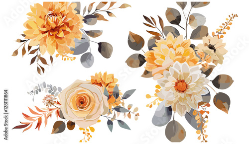 Chic autumn bouquet set, fall watercolor yellow, orange roses, cream dahlias, eucalyptus leaves, branches, wedding invite, Halloween, Thanksgiving decoration, festive floral design, seasonal
