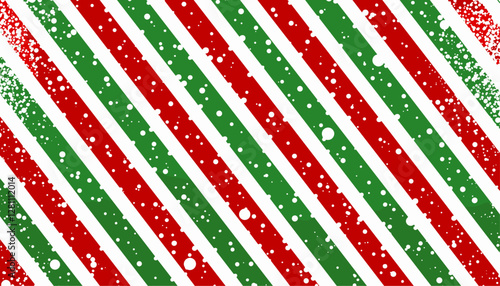Vector illustration Christmas diagonal striped red and green lines, white background with snow texture, holiday design, festive patterns, Christmas theme, winter background, snowflakes