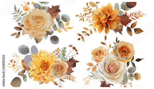 Autumn bouquet set, watercolor yellow, orange roses, cream dahlias, eucalyptus leaves, branches, wedding invite, Halloween, Thanksgiving decor, fall foliage, elegant floral arrangement