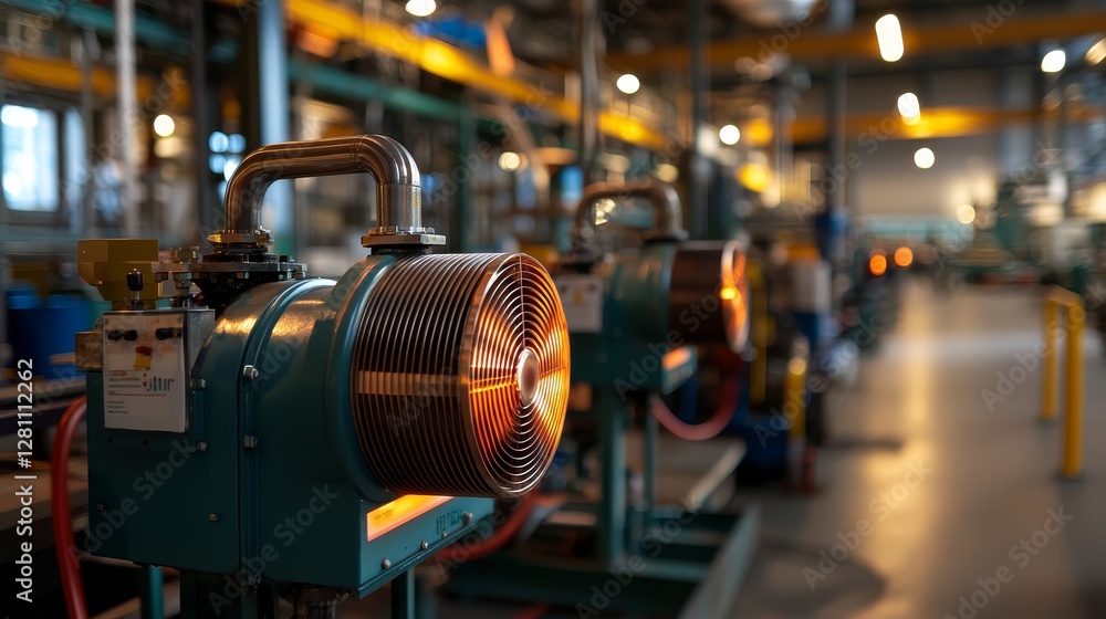 Fototapeta premium A close-up image captures numerous industrial fans with bright lighting in a high-tech setting, illustrating the fusion of technology and engineering in contemporary industry