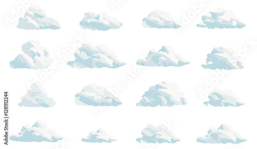 Cloud vector illustration, abstract white cloudy set, isolated clouds on blue background, sky, nature, weather, fluffy clouds, cloud formation, airy, soft clouds, sky illustration