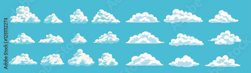 White clouds vector, abstract cloudy set, isolated on blue background, cloudscape, weather, sky illustration, fluffy clouds, nature, abstract sky, soft clouds, clear sky