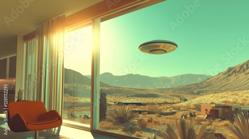 Office featuring a retro-futuristic aesthetic with a flying saucer situated in a desert landscape