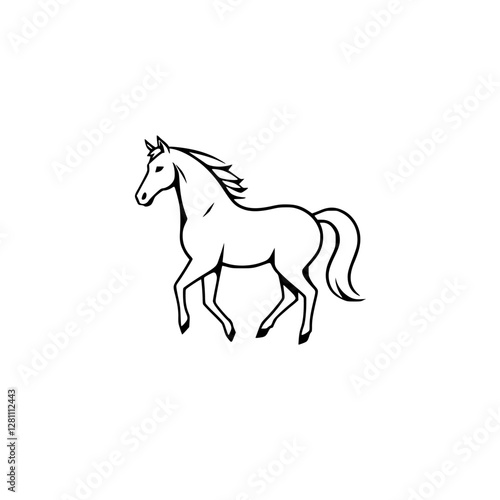 A simplified, black-and-white image of a horse in a trotting pose.