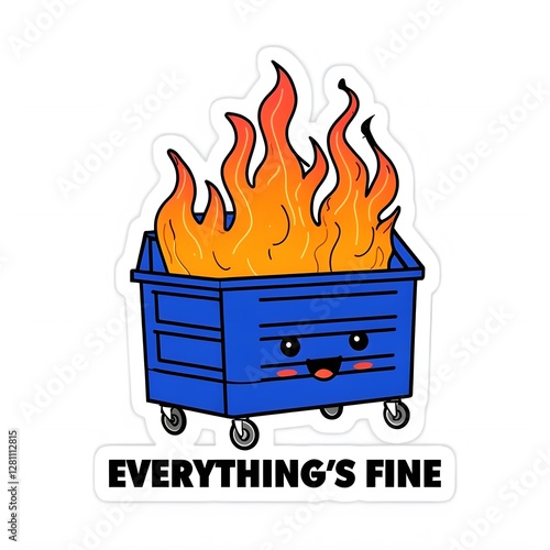 Cheerful Cartoon Royal Blue Dumpster with Flames Sticker