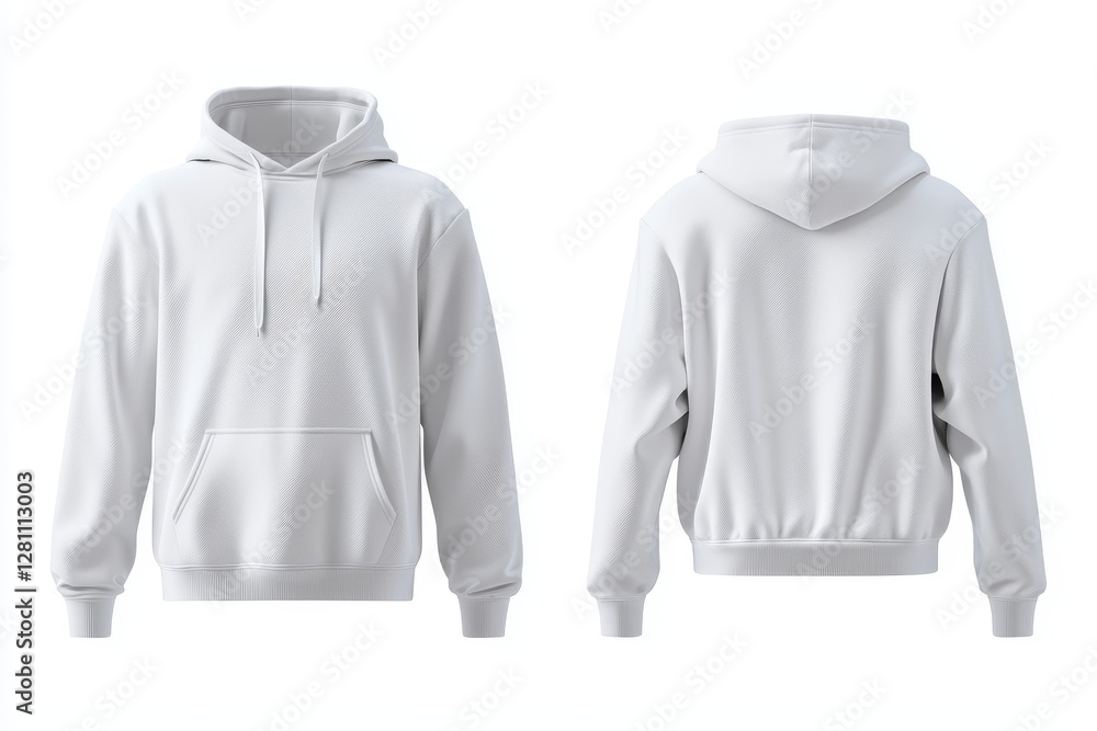Studio shot of a white hoodie mockup, showcasing front and back, with a design template numbered Studio shot of a white hoodie mockup, showcasing front and back, with a design template numbered