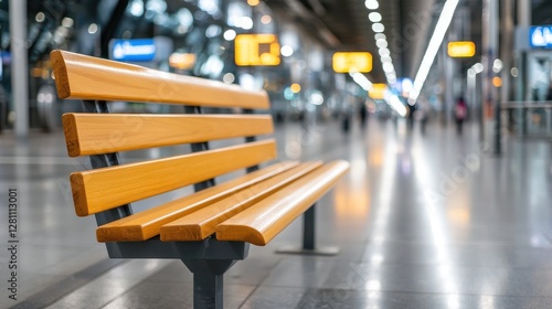 Empty wooden bench in modern train station