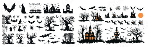 Vector illustration of Halloween silhouettes, haunted house, creepy tree, flying witch, pumpkins, ghost, owl, coffin lid, horror night, dark forest, scary bats, spooky graveyard, eerie atmosphere