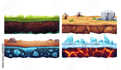 Cartoon vector set of seamless underground textures for game UI, cut ground layers with soil, green grass, sand, desert, rock, lava, magma, frozen ice, snow, platformer game design, assets