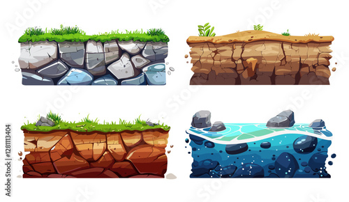 Vector seamless underground game texture set, cut ground layers for UI design, soil, green grass, desert sand, rock, lava, magma, ice, snow, game environment, 2D side-scrolling, assets