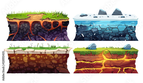 Game UI platform cut ground layer vector, seamless underground texture with soil, grass, sand, rock, lava, magma, frozen ice, snow, 2D side-scroller, game art, terrain design, landscape