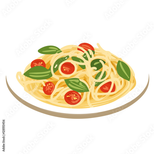 Flat vector pasta primavera, minimalist design, isolated on a white background.

