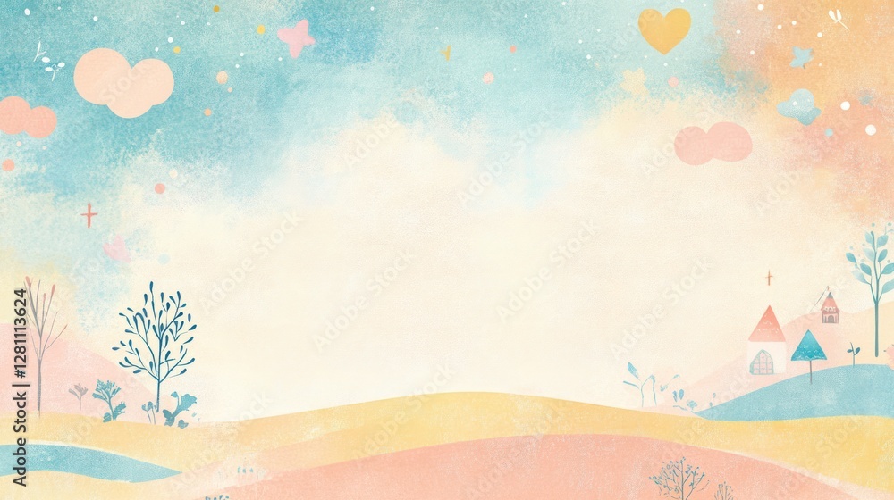 Pastel landscape with whimsical houses, trees, clouds, and stars; perfect for children's book illustration, greeting cards, or website backgrounds. Pastel landscape with whimsical houses, trees, clouds, and stars; perfect for children's book illustration, greeting cards, or website backgrounds.
