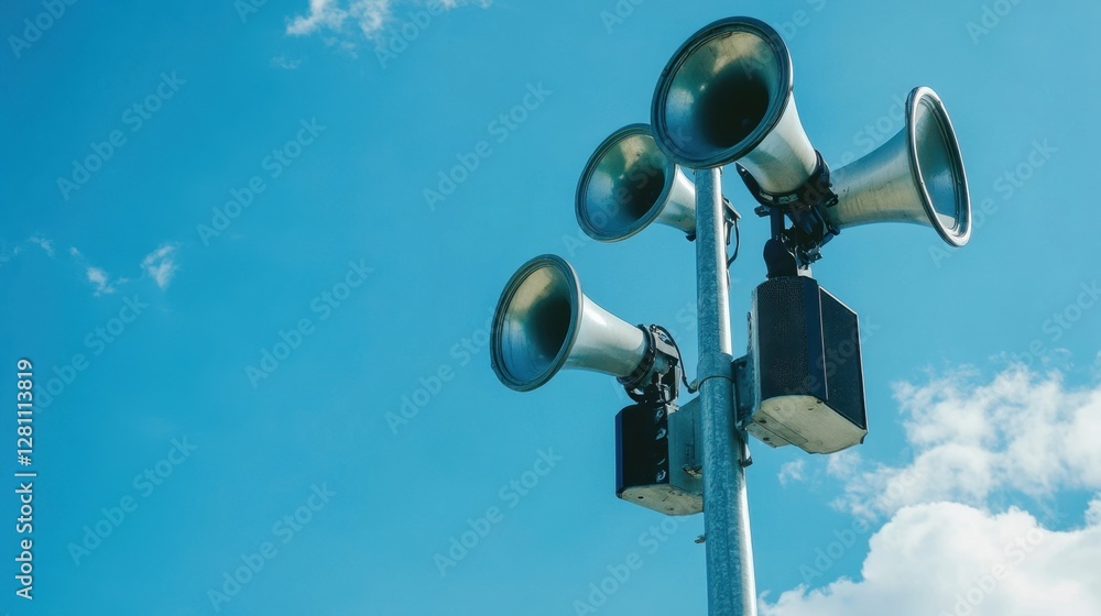 Alarm siren and speakers on pole against blue sky Alarm siren and speakers on pole against blue sky