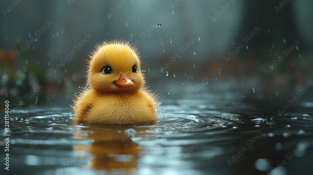 A small fluffy duckling floating on a pond under the rain, with droplets falling around it. Its innocent expression and golden feathers create a heartwarming and poetic scene.