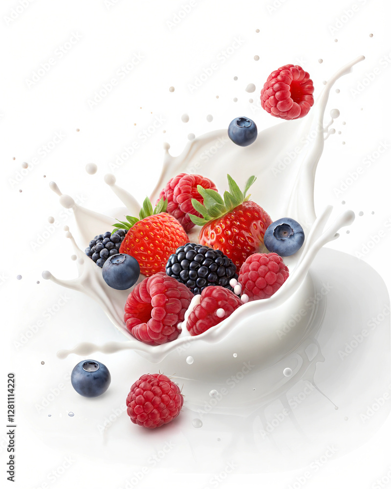 Dynamic milk splashes with fresh strawberries, raspberries, blackberries, and blueberries, creating a refreshing and vibrant composition. Isolated on white background Dynamic milk splashes with fresh strawberries, raspberries, blackberries, and blueberries, creating a refreshing and vibrant composition. Isolated on white background