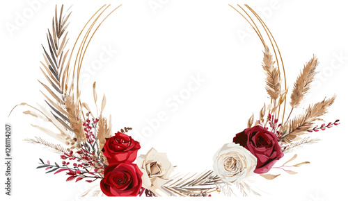 Vector boho wedding invite card template, dried pampas grass, palm leaf, red rose wreath, watercolor tropical leaves, beige lunaria, golden frame, botanical illustration, floral bouquet