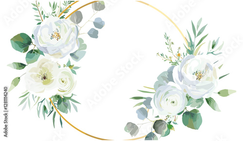 Elegant white flower vector, round golden frame, greenery wreath, wedding invite, save the date template, eustoma, veronica, eucalyptus leaves watercolor bouquet, floral arrangement