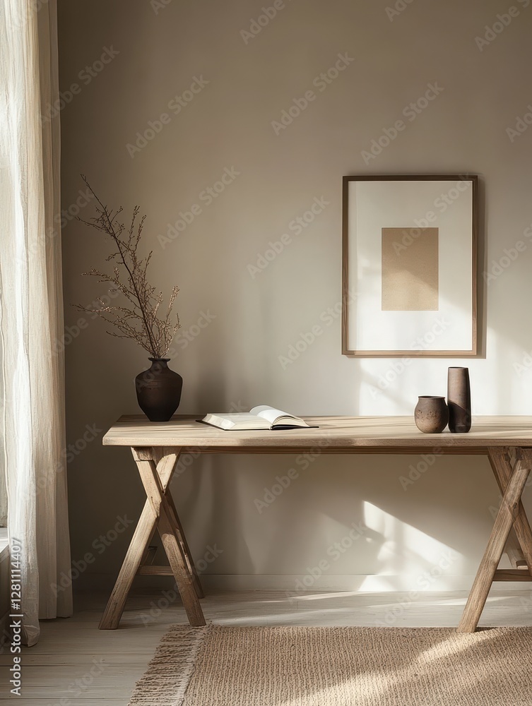 Rustic style desk with decorative pieces on the wooden table Rustic style desk with decorative pieces on the wooden table