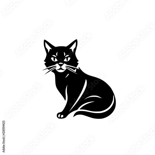 Billede på lærred Black Cat Silhouette: Elegant feline depicted in a minimalistic, simple, black and white illustration, posing on a white background