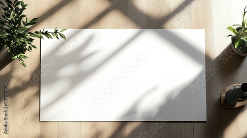An areal view of a large white desk mat with black edges, soft shadows, commercial imagery, magazine aesthetic