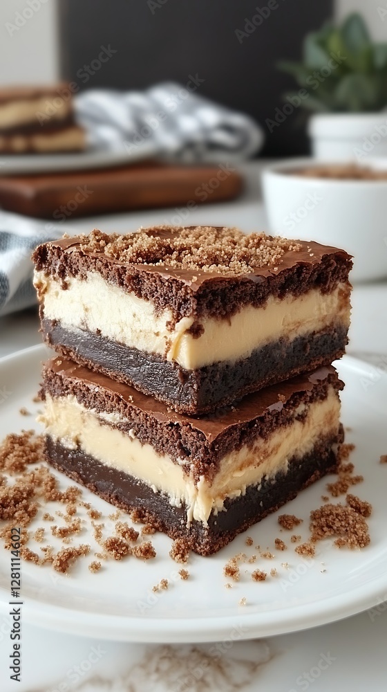 Double-layer brownie dessert, kitchen setting Double-layer brownie dessert, kitchen setting