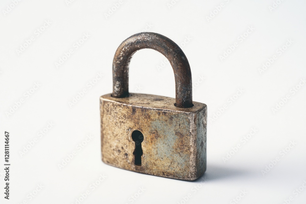 Old-fashioned brass padlock with one key, showing signs of wear and age, a symbol of security from the past. Old-fashioned brass padlock with one key, showing signs of wear and age, a symbol of security from the past.