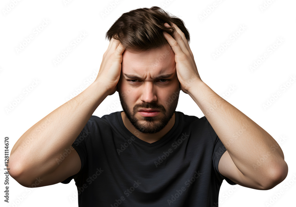 Man Grabbing Head in Pain, Feeling Headache, Expression of Discomfort Man Grabbing Head in Pain, Feeling Headache, Expression of Discomfort