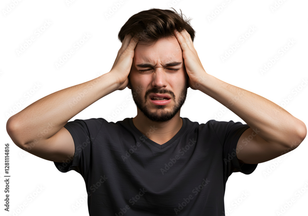 Man Grabbing Head in Pain, Feeling Headache, Expression of Discomfort Man Grabbing Head in Pain, Feeling Headache, Expression of Discomfort