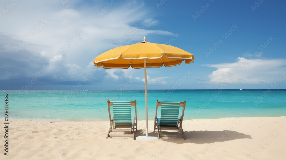 Beach chairs and umbrella on the tropical beach with blue sky background Beach chairs and umbrella on the tropical beach with blue sky background