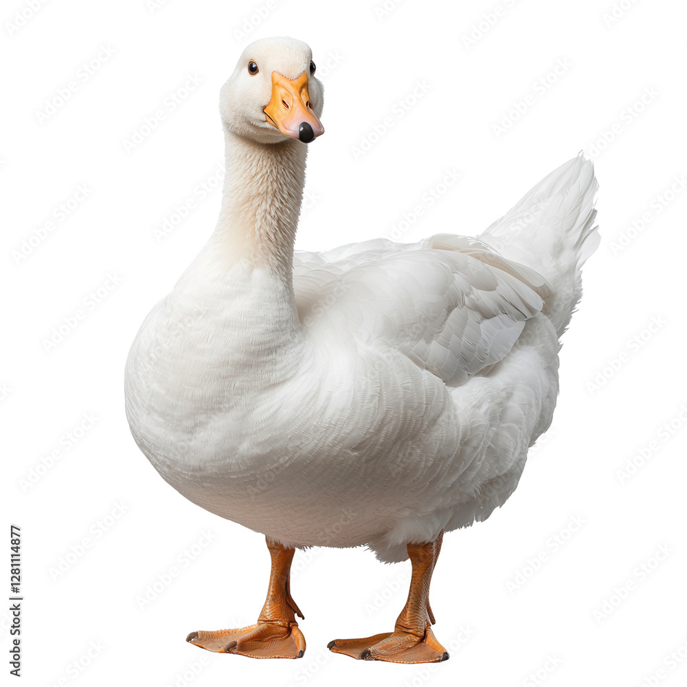 Majestic Domestic Goose Standing Proudly with Bright Orange Beak and Soft White Feathers in Natural Light Majestic Domestic Goose Standing Proudly with Bright Orange Beak and Soft White Feathers in Natural Light