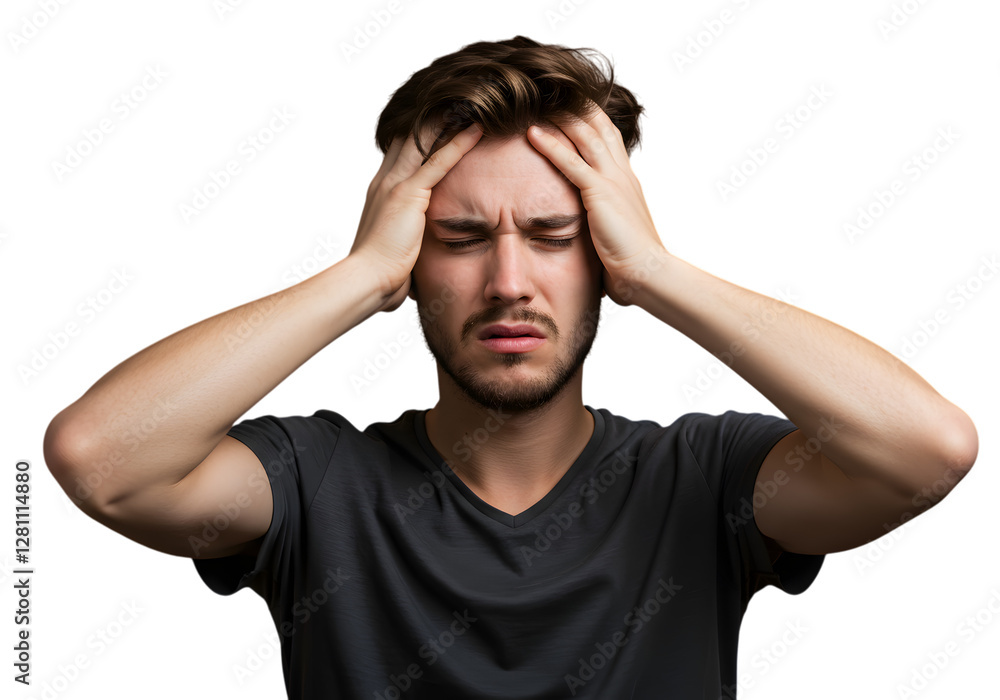 Man Grabbing Head in Pain, Feeling Headache, Expression of Discomfort Man Grabbing Head in Pain, Feeling Headache, Expression of Discomfort